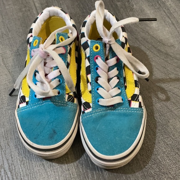 VANS Kids Checkerboard Old Skool Lace Up Sneakers Aqua Pink & Yellow - Picture 3 of 8